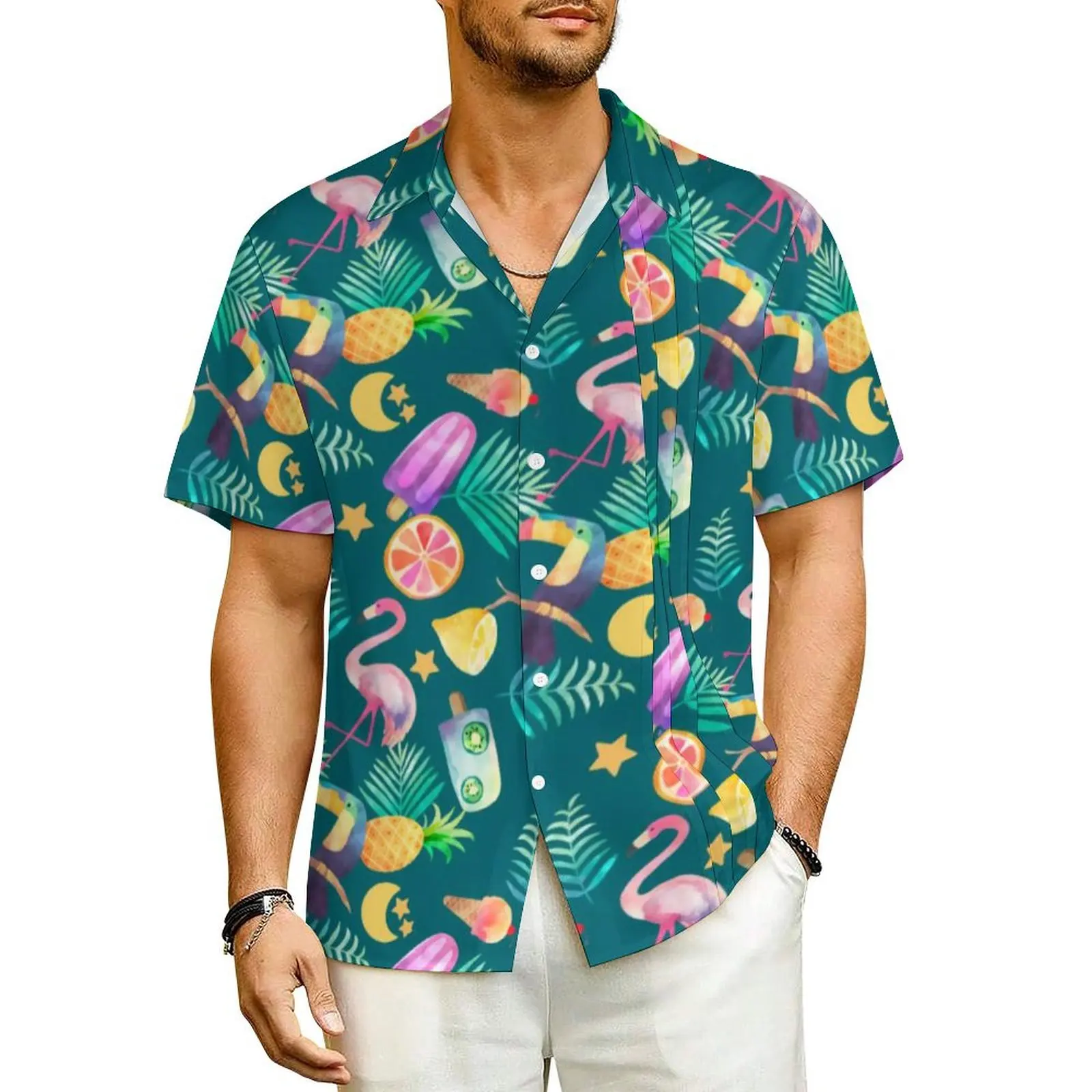 Yellow Pineapple Beach Shirt Mens Colorful Tropical Classic Casual Shirts Hawaiian Short-Sleeved Breathable Oversized Blouses