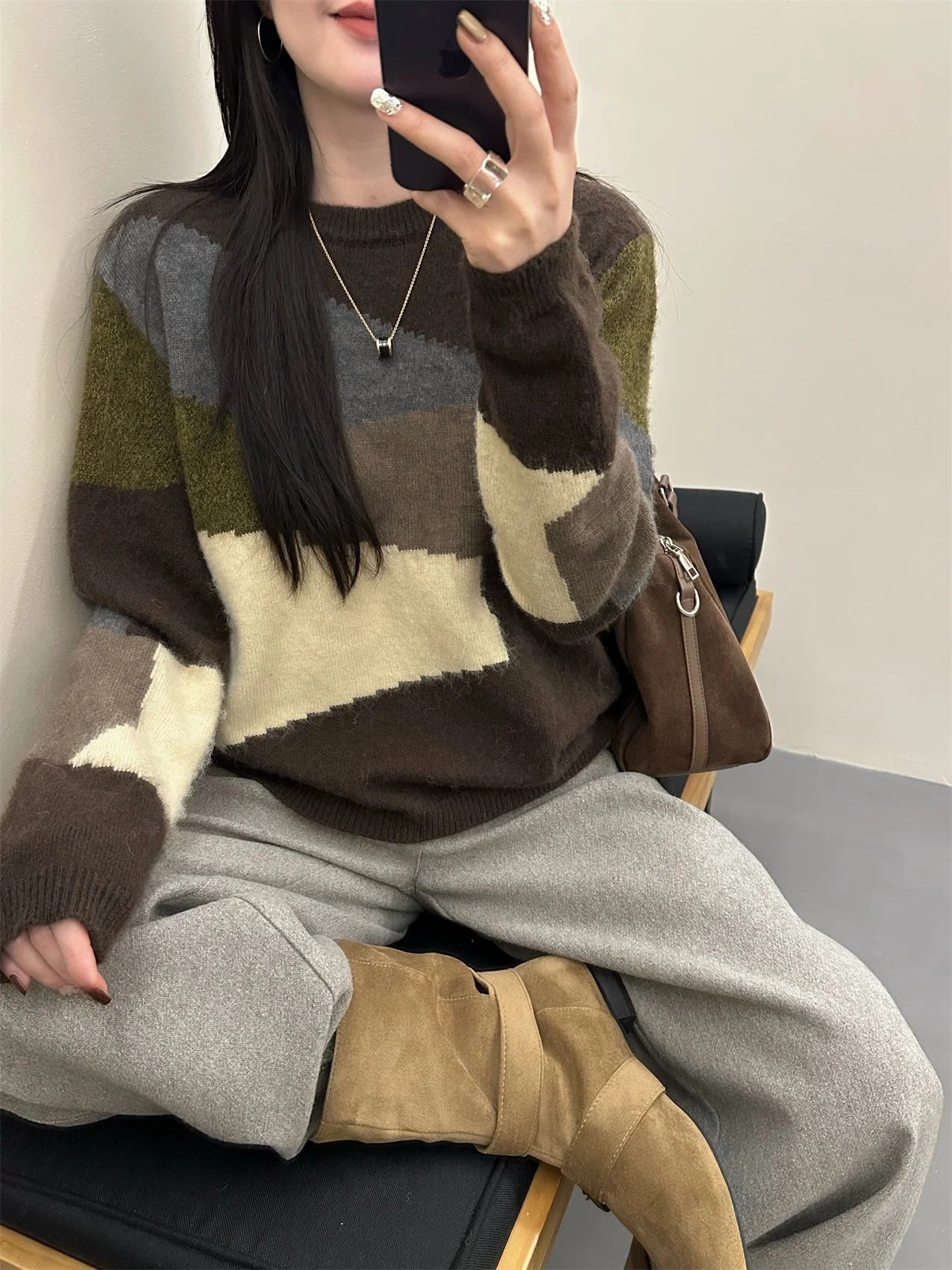 

Autumn Winter Soft Cozy Retro Color Blo round Ne Loose Women's Knitted Sweater Versatile Design Commute Sle Long Sve