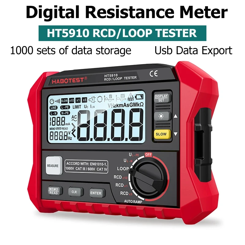 HT5910 Leakage Switch Tester LCD Digital Resistance Meter RCD/Loop Tester 1000 Data Storage Resistance Meter for Industrial