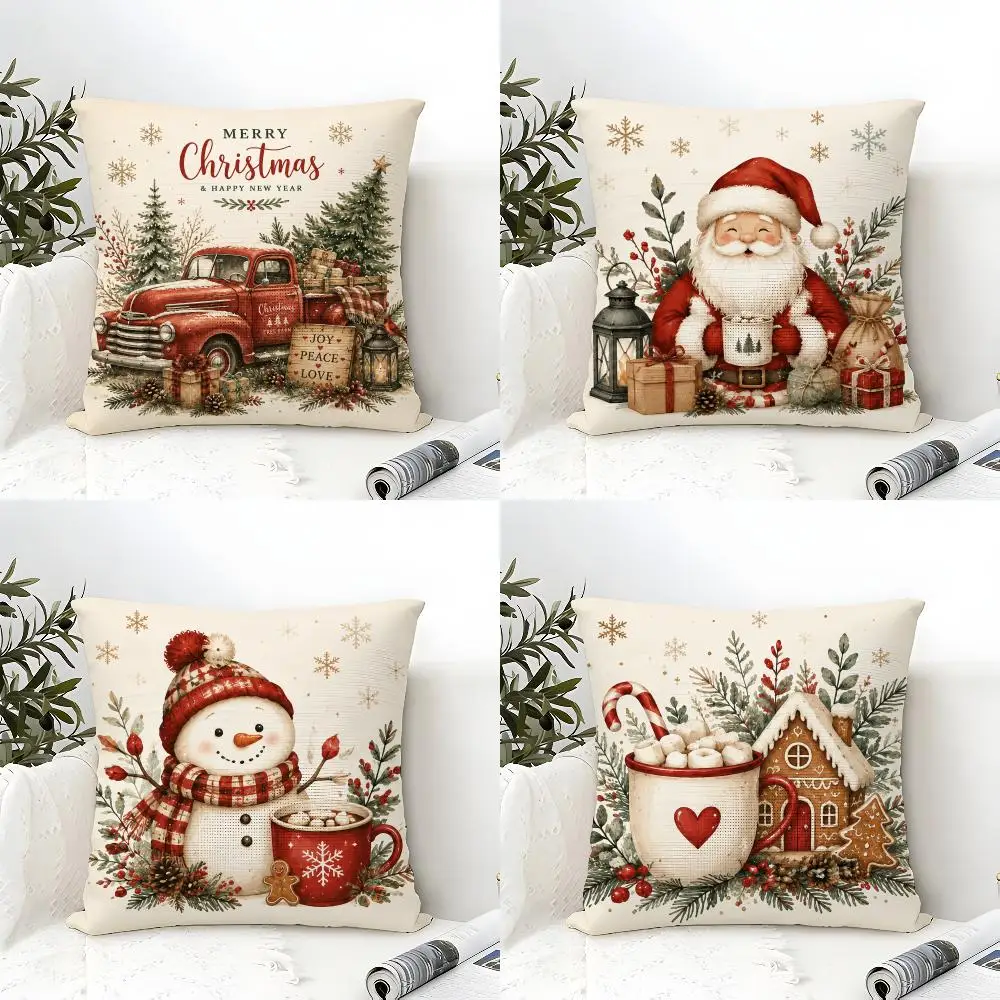Joy Peace Love Merry Christmas Cushion Cover Natural Linen Organic Fabric Double-Sided Printing Breathable Gift For Decor