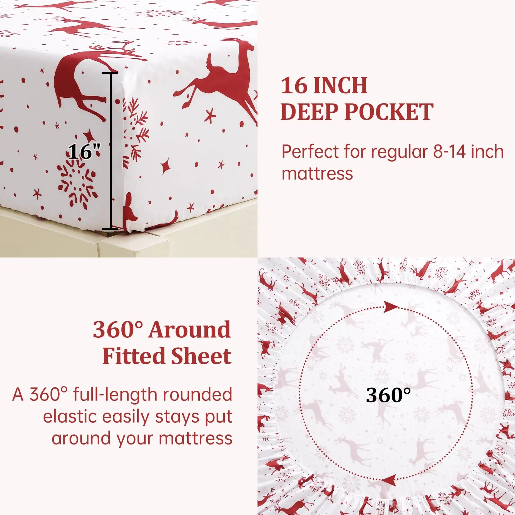 Christmas Sheets Queen/King Size - Red Reindeer Brushed Microfiber Bedding Set, 16