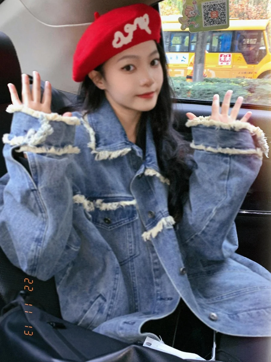 

American Retro Blue Fringed Denim Jaet Women's Spring Autumn Oversize Workwear Jaet Straight Cut Regular Thin