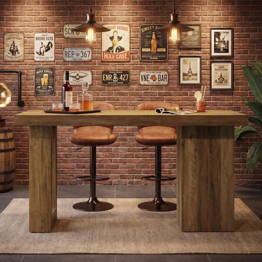 63-Inch Counter Height Pub Table With Storage Cabinet, Rustic Brown Rectangular Home Bar Unit, Bar Height Table For Bistro Livin