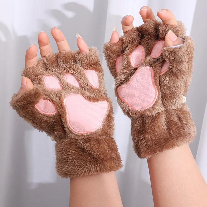 Lovely Plush Cat Claw Paw Gloves Fashion Women Girls Faux Fur Mittens Antumn Winter Warm Soft Plush Short Half Finger Gloves