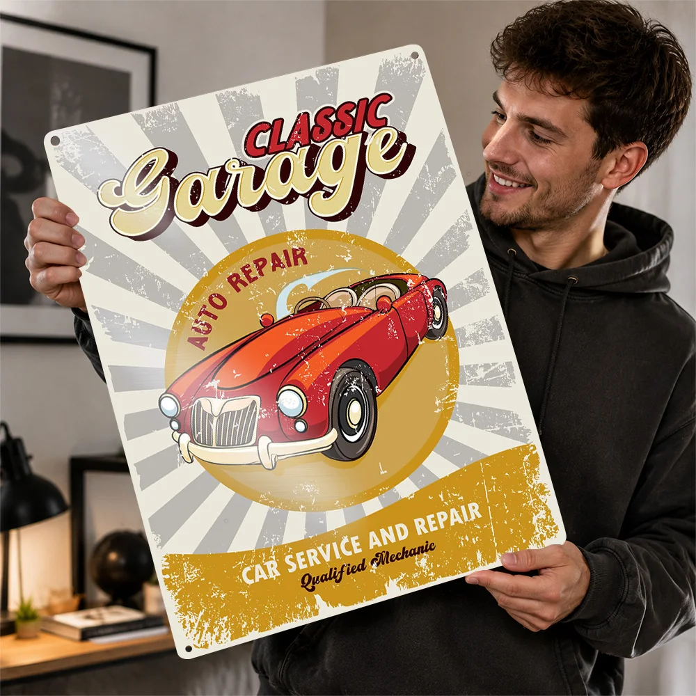 Red Convertible Garage Textured Metal Poster Vintage Illustrated Wall Art For Workshop Customized Aluminum Sign Mechanic Gift