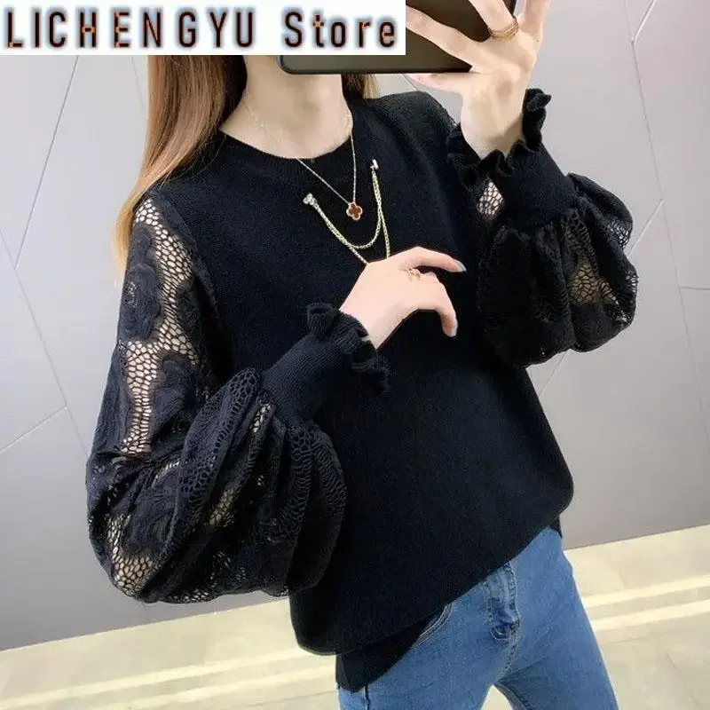 New Spring and Autumn Fashion Trend Hollow Out Embroidered Round Neck Foreigner Versatile Loose Thin Long Sleeve Knitted Sweater