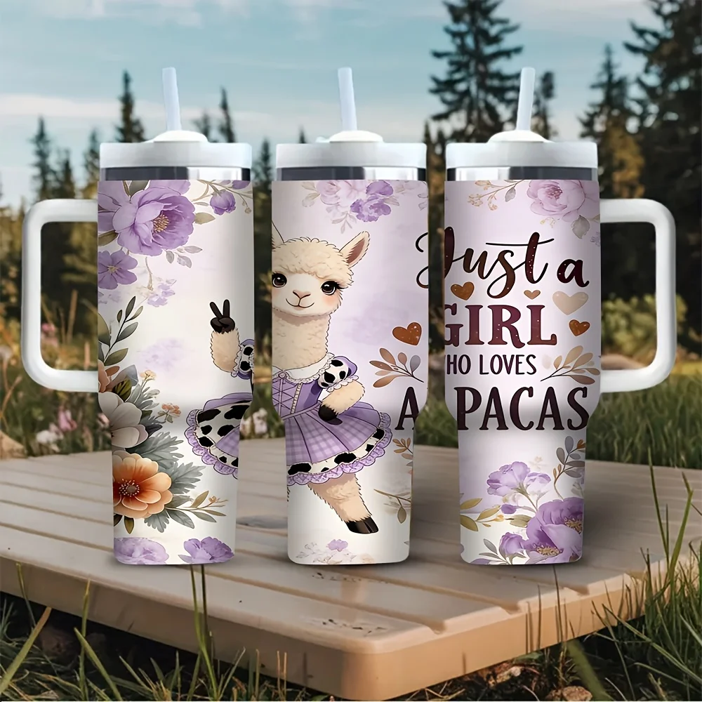 40oz Tumbler with Handle, Cute Alpaca Floral Printed Tumbler, Just A Girl Who Loves Alpacas Cup for Alpaca Lovers, Suitable for Hot And Cold Drinks Daily Outdoor Travel Use