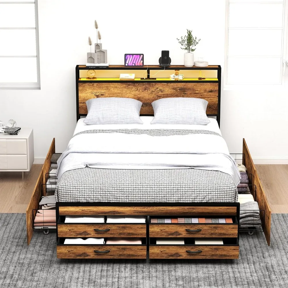 

Queen Bed Frame with 8 Storage Drawers, Queen Metal Bed Frame with LED Light and Charging Station, Heavy Duty Metal Slats, No Bo