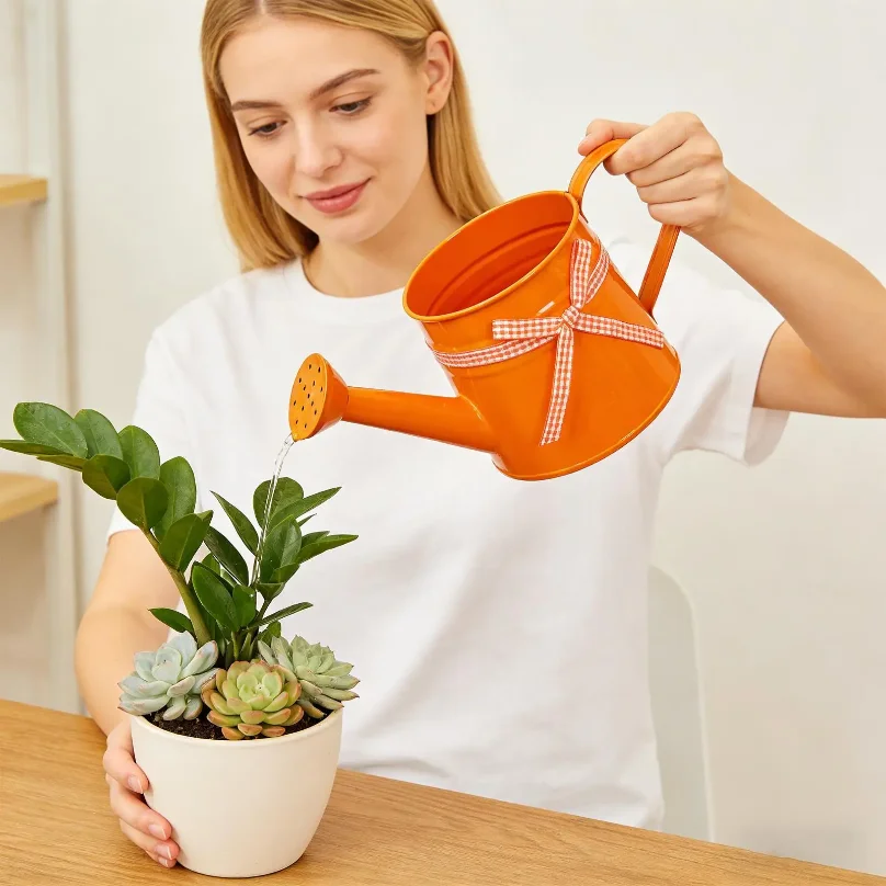 Mini Watering Can 1L Metal Pot with Sprinkler Head and Gingham Ribbon Modern Plant Watering Cans for Home Office Balcony Garden