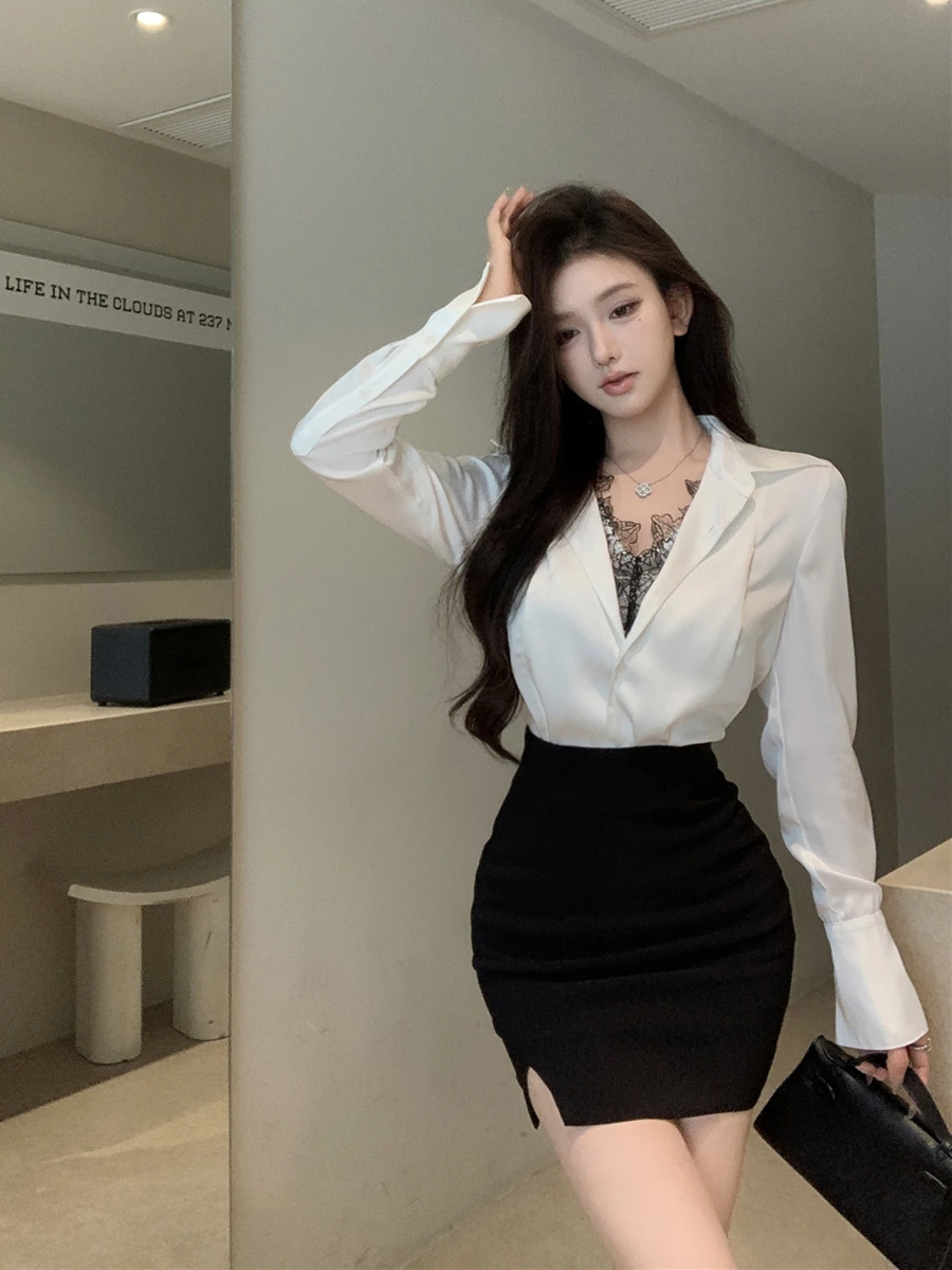 

Lace Patchwork Silk Shirt Women's Slim Fit Long Sleeve Design Sensation White Lady Elegant Top Spring Season Waist Cinching