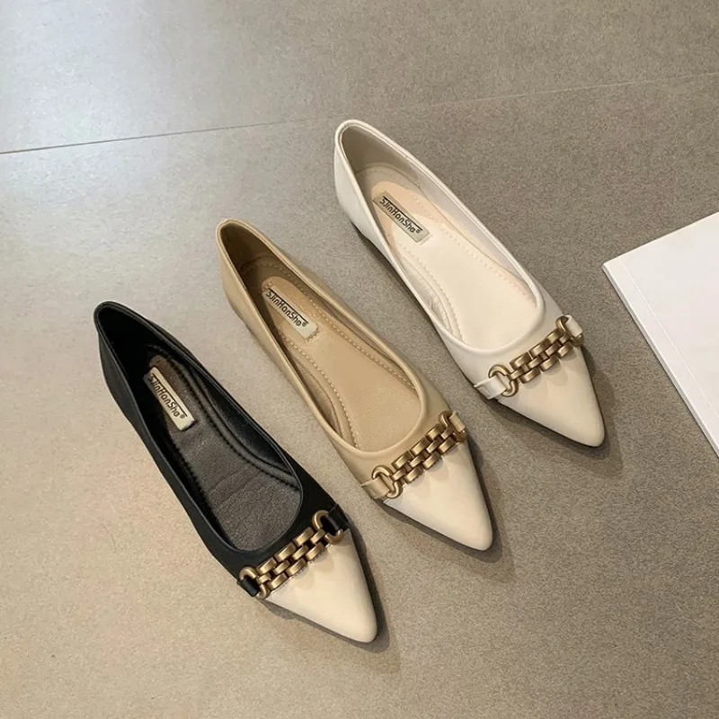 Women Flats with Chains 2023 Spring Summer New Pointy Toe Solid Color Slip on Lady\'s Elegant Shoes Big Size 44 45 Small Size 33