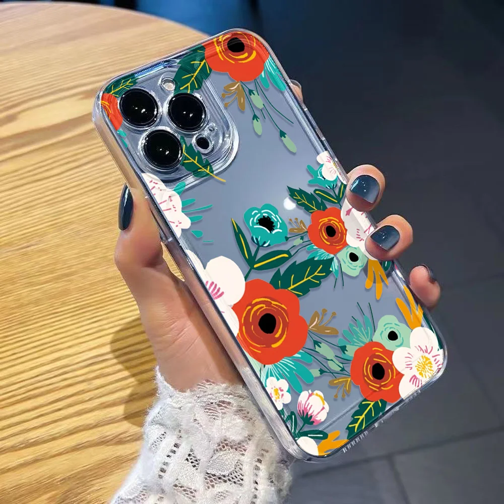 아이폰 15 17 Pro Max 16 13 11 14 Plus 12 17 Air 16E 17Promax 실리콘 충격 방지 투명 꽃무늬 폰 케이스
