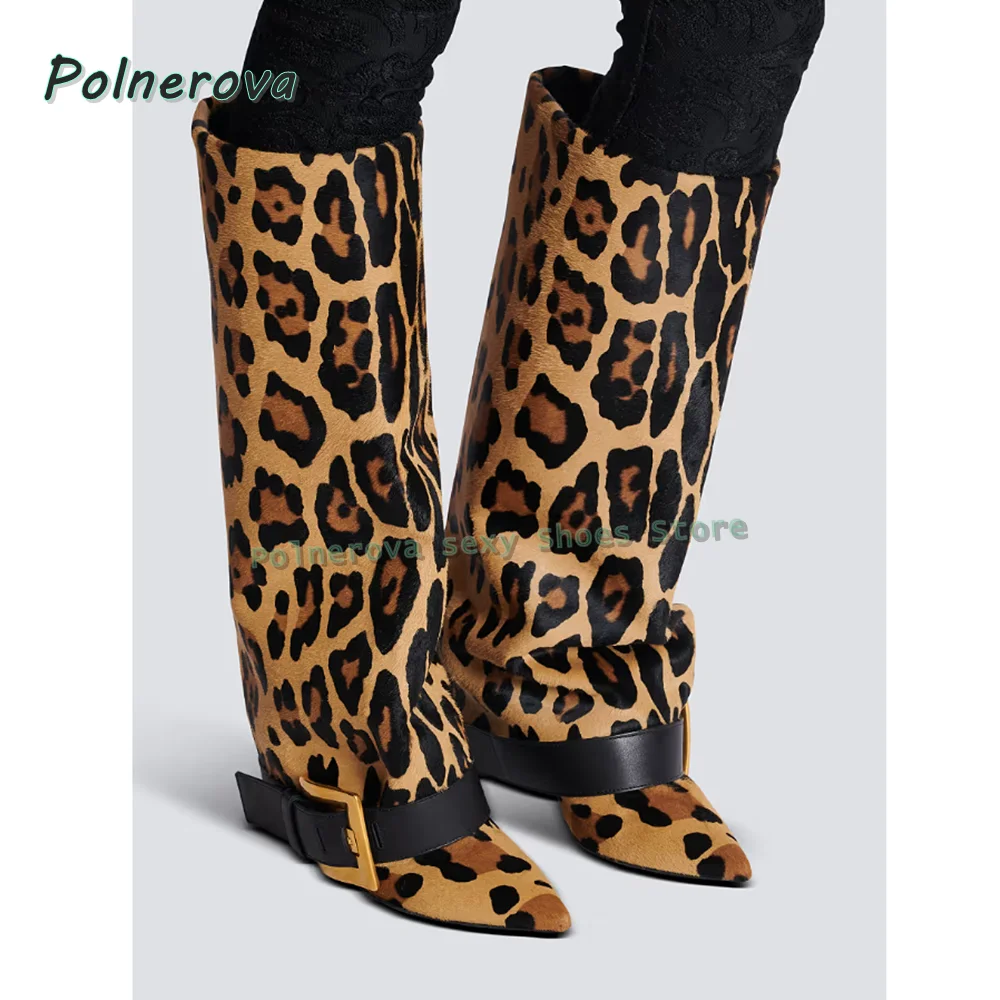 Women Elegant Knee High Boots Street Style 2025 Metal Square Buckle Trouser Boots Pointed Toe Stiletto Pull On Autumn Shoes New
