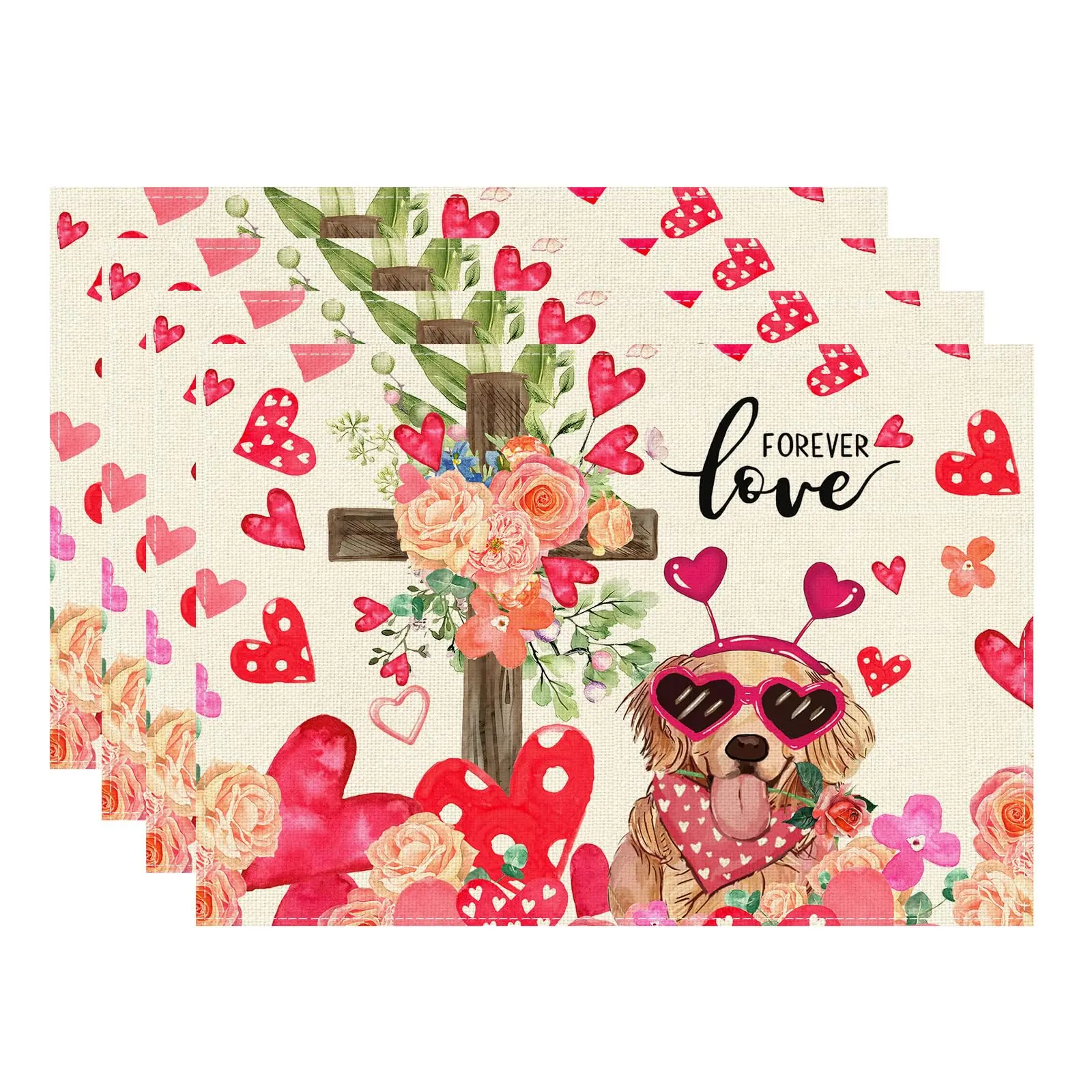 

Love Hearts Cross Roses Flowers Dog Valentine's Day Placemats Table Mats for Party Home Kitchen Dining Table Decor 12x18 Inch
