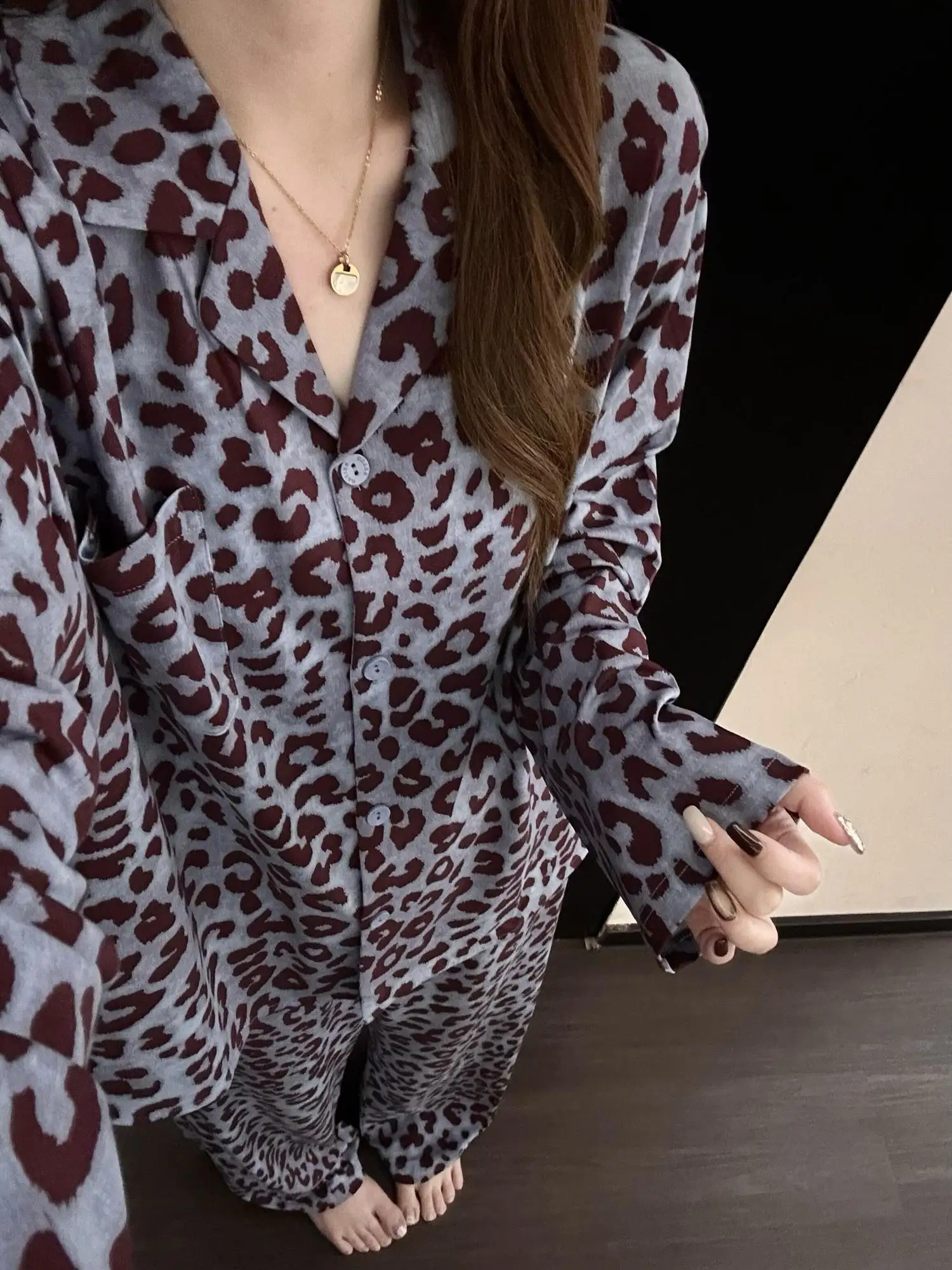 Girls Spring and Autumn New Leopard Print Pajamas Women's Korean Version Simple Loose Long-sleeved Trousers Loungewear Suit