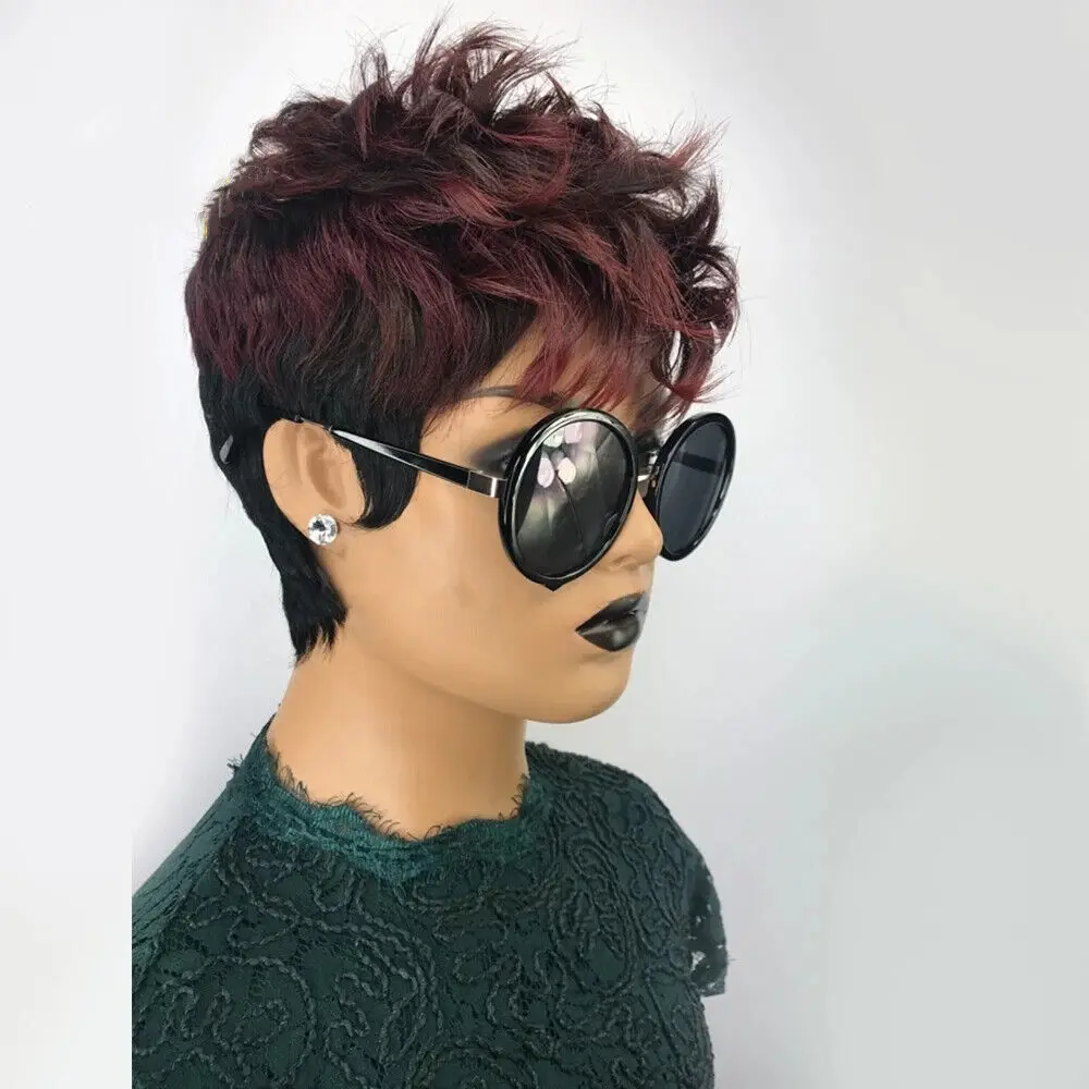 Short Human Hair Wigs with Bangs Pixie Cut  Burgundy Black Mixed Wave Hair