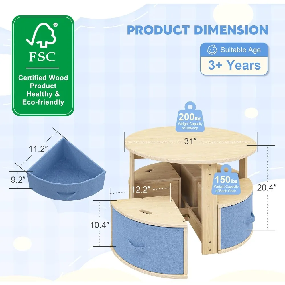 Table and Chair Set, Round Kids Table and Chairs with Nesting Design, Wooden Activity Table & 4 Storage Drawers Chairs