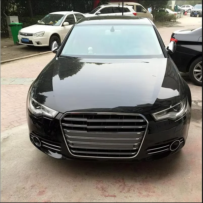 S6 Style Grille Grill For Audi A6 C7 2013 13 2014 14 2015 15 Silver ABS Chrome Frame And Ring Black Mesh