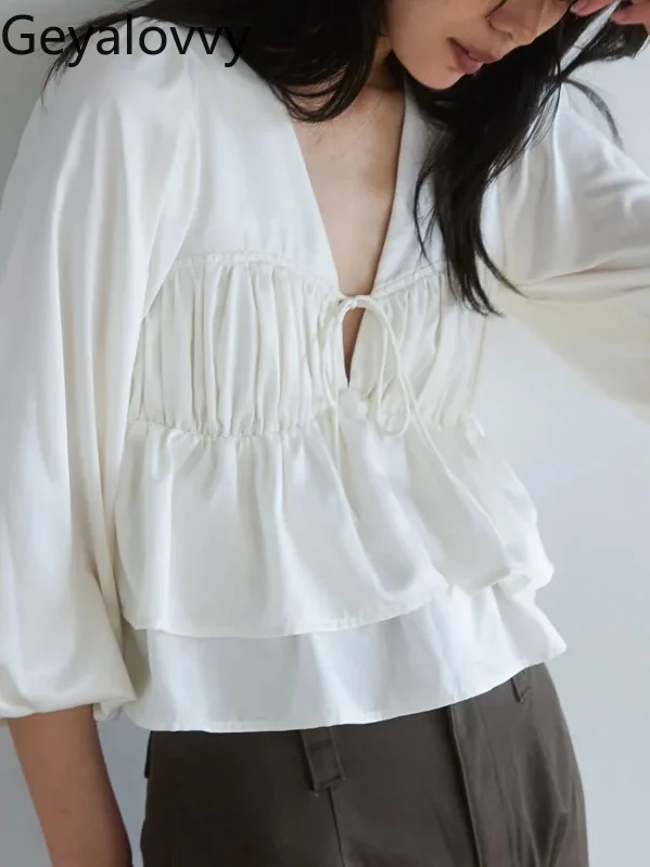 اليابانية 2025 صيف جديد رقيقة مريحة الخامس الرقبة قميص الفتيات الحلو تنوعا بلوزة بلون مطوي كشكش حافة الدانتيل متابعة #4