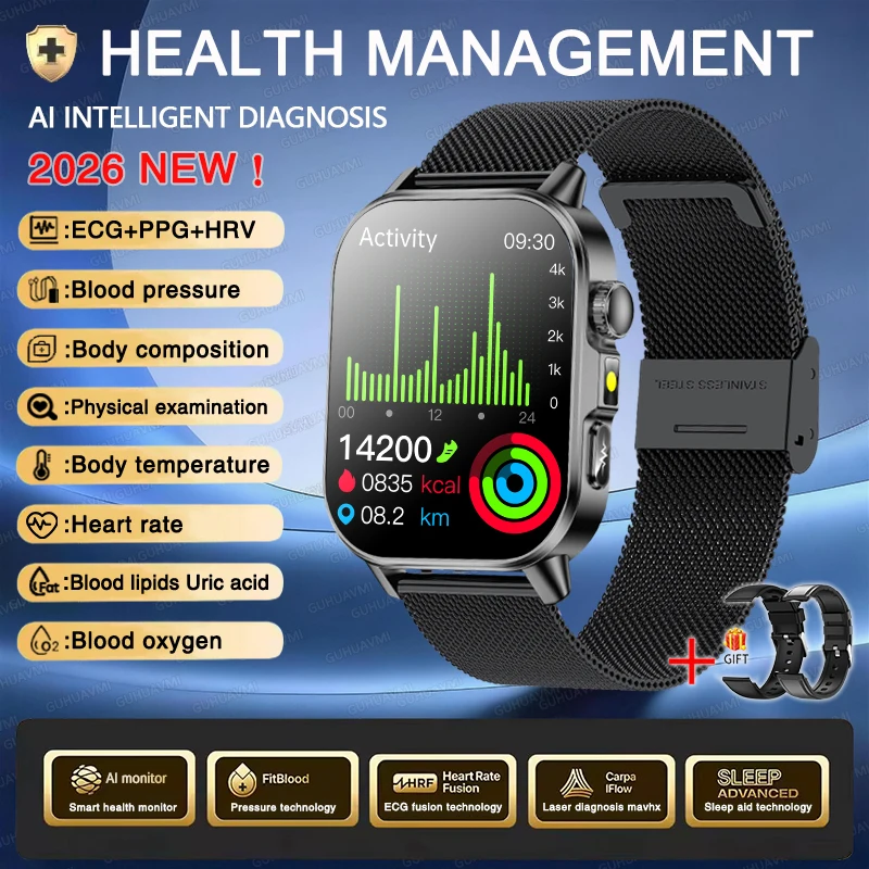 2026 Nieuwe Nauwkeurige Meting Gezondheid Smartwatch ECG+PPG Bloeddruk Bloedlipiden Urinezuur BT Oproep Smartwatch Voor Mannen Vrouwen