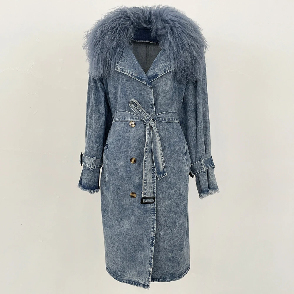 MENINA Outono Inverno Casaco Mulheres Real Mongólia Pele de Ovelha Jaqueta Jeans Cinto Longo Jaqueta Feminina Manga Longa Roupas de Pele Real