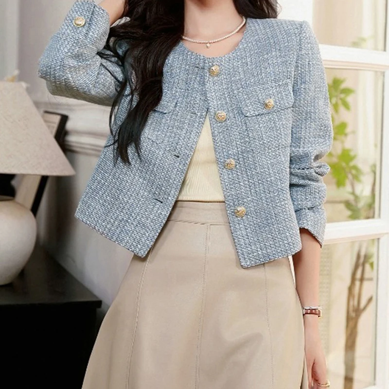 

HELIAR женская элегантная куртка с карманами, однобортный кардиган, пальто, офисное женское укороченное пальто с длинными рукавами и круглым вырезом, осень-зима