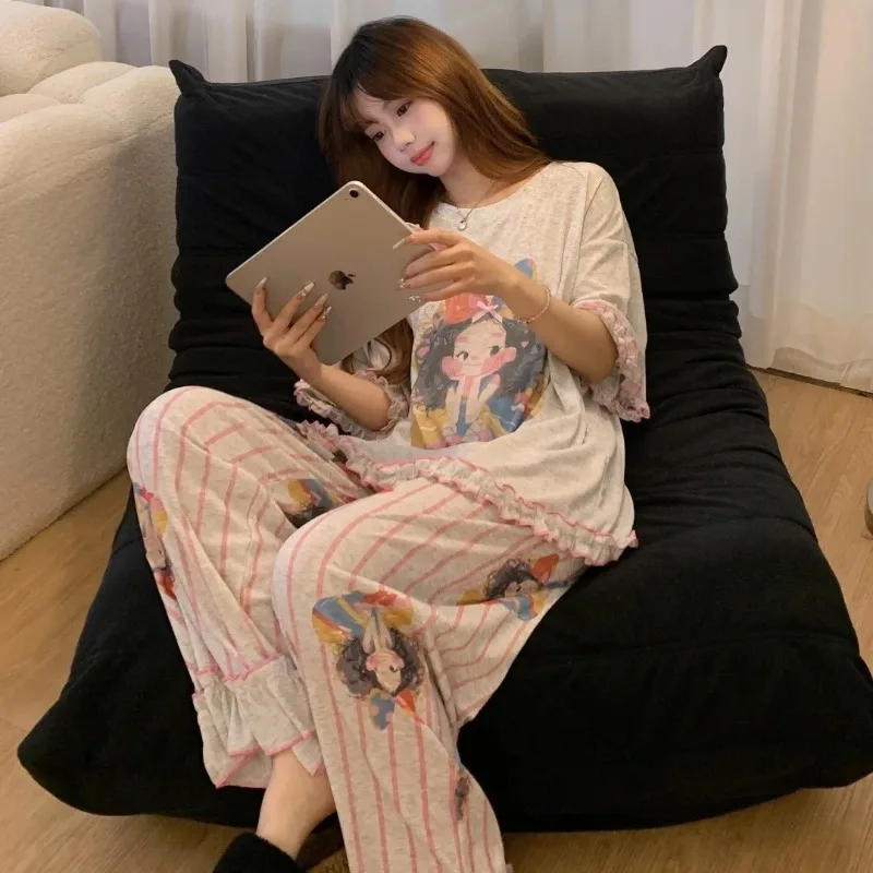 Summer New Women's Short Sleeved Sleepwear Home Suit Set Cartoon Pullover Loose Lazy Style Sleepwear Home Suit Two-Piece Set