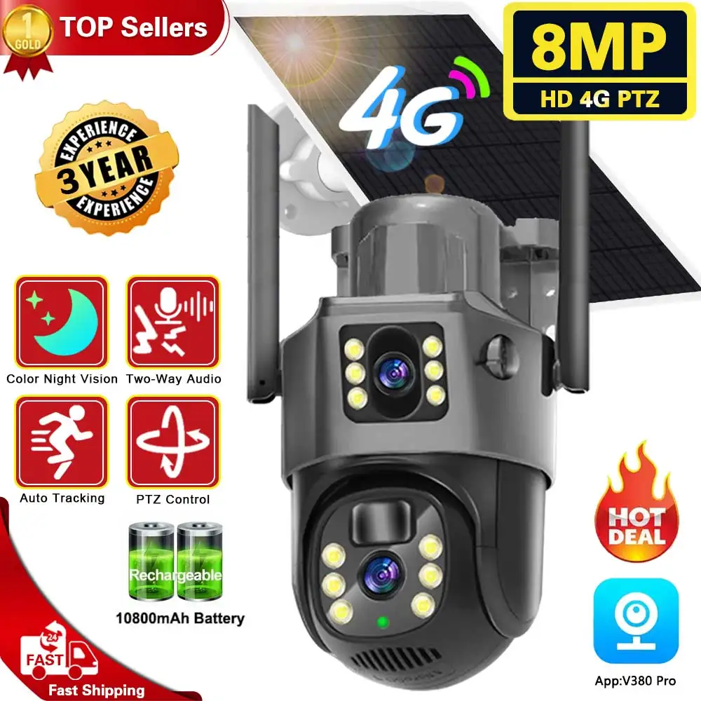 

4K 4G Sim Solar Wireless Surveillance-Protection CCTV PTZ Camera PIR Human Detection Color Night Vision Solar Camera 4G Outdoor