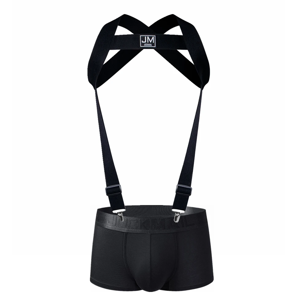 JOCKMAIL Body Harness Adjustable Elastic Strap Detachable Split-type Give Away Comfort Modal Men Underwear Boxer Black Sets