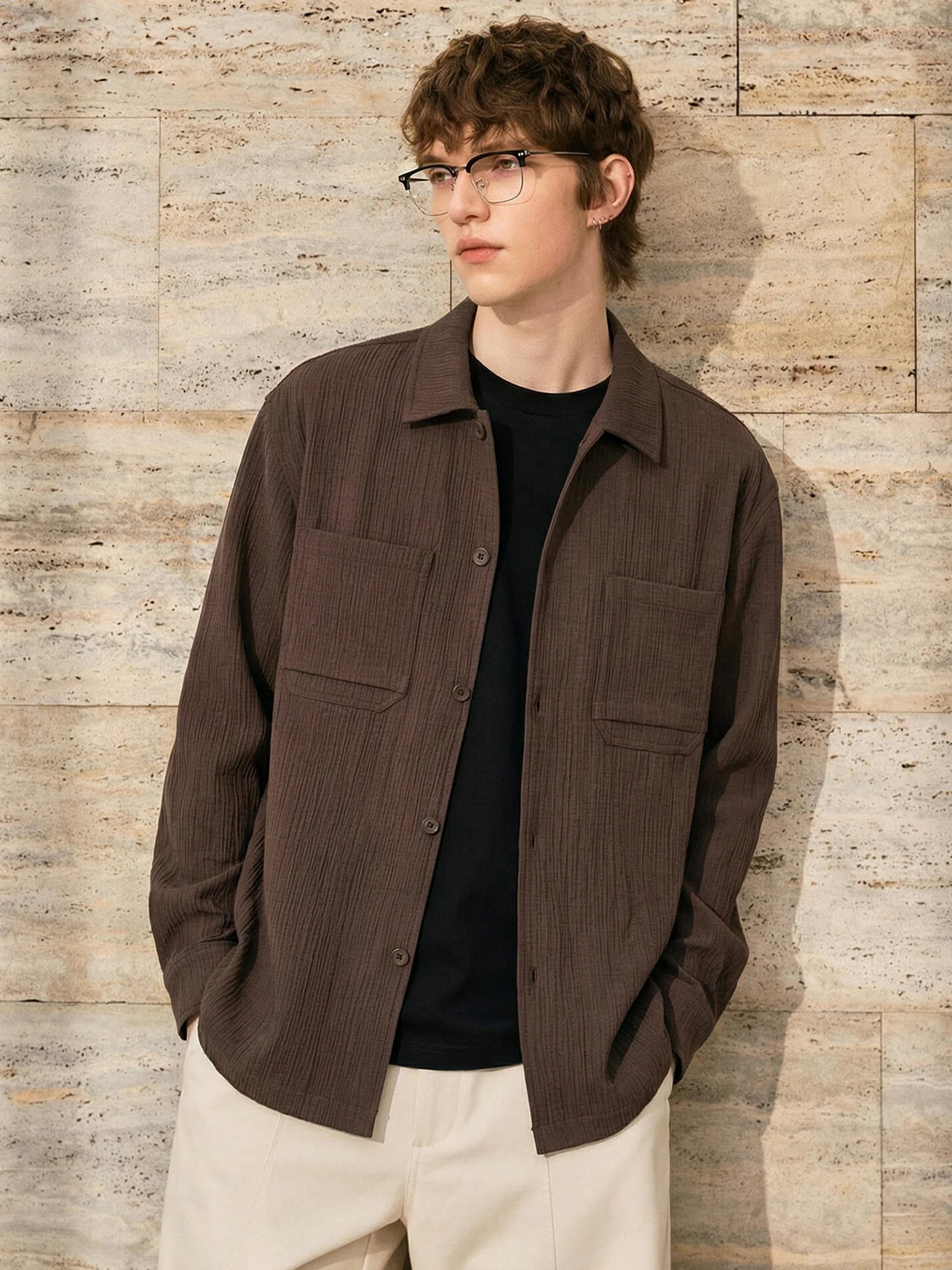 American Retro Style Long Sleeve Shirt Men's Casual Fashion High Street Folded Collar Shirt Spring Autumn Inner Wear Coat