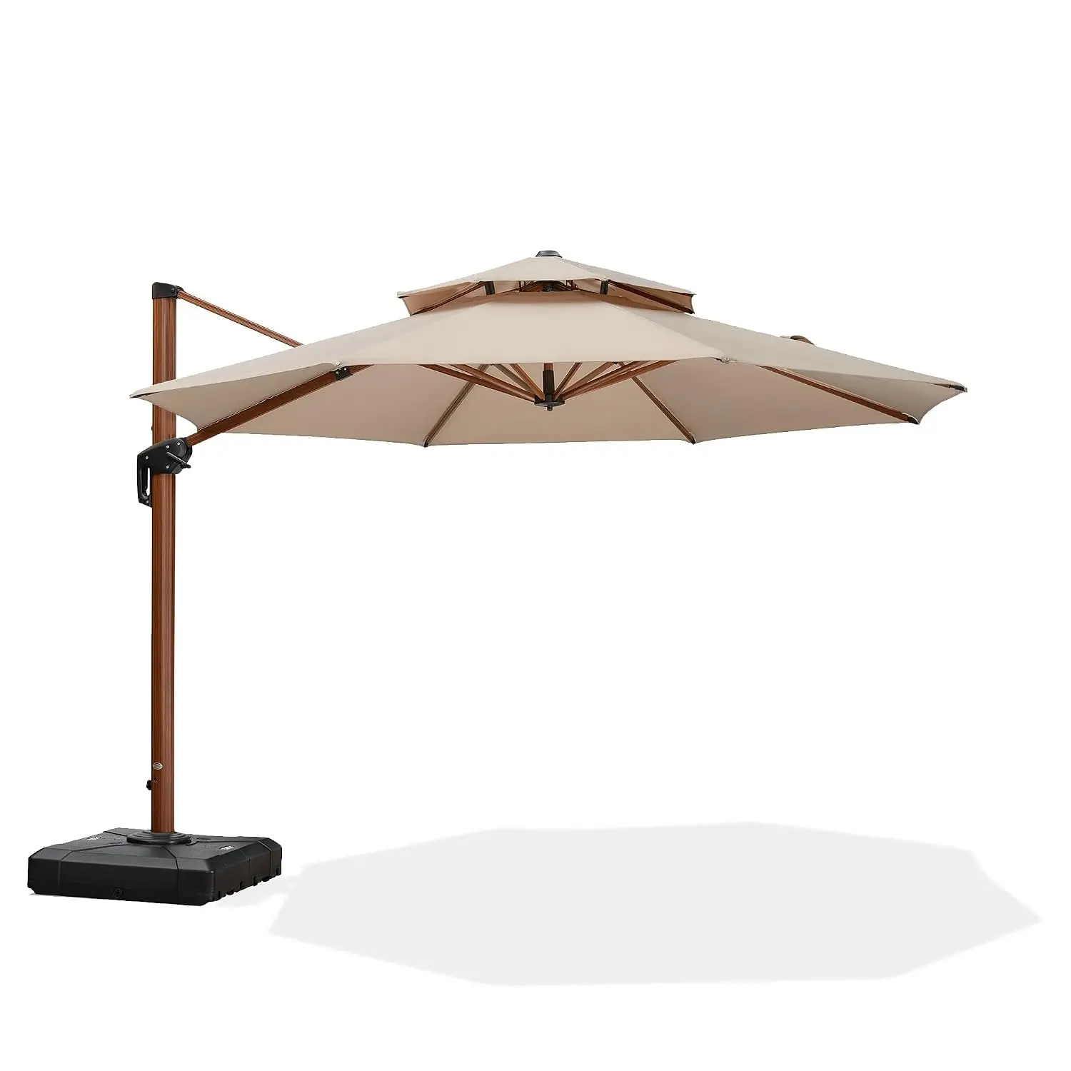 Patio Umbrella 11ft Double Top Wood-Grain Finish, Beige, Custom
