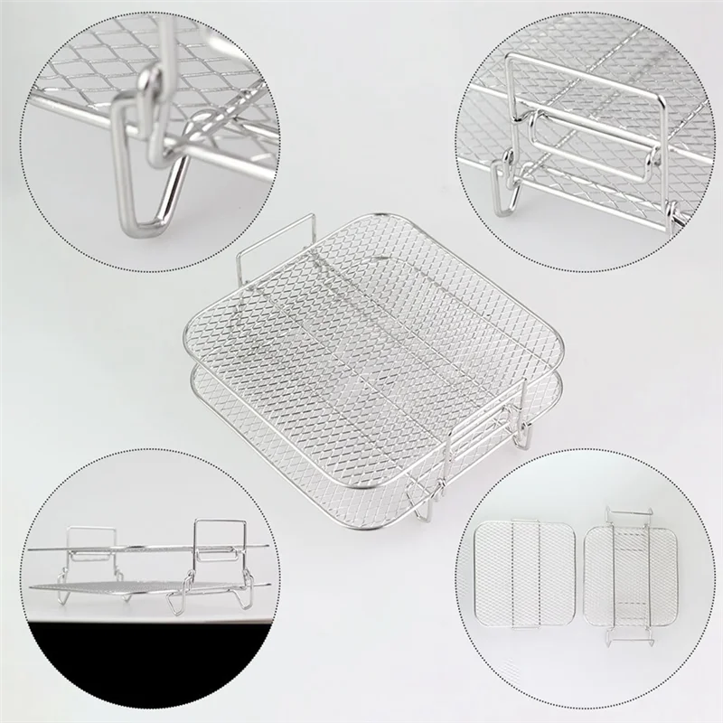 2-Layers Air Fryer Rack Stackable Grid Grilling Rack Stainless Steel for 4.2-5.8QT Air Fryer Kitchen Oven Steamer Cooker