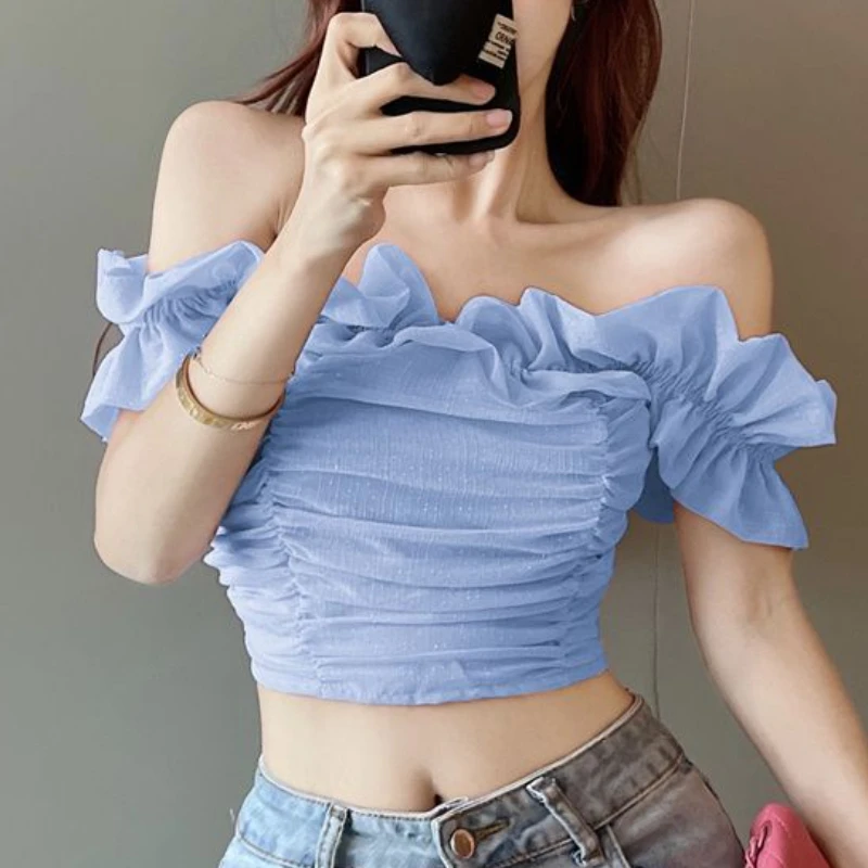 Slash Neck Blouses Women Ruffles Elegant Summer Crop Tops Aesthetic Simple Vacation Mujer Clothing Off Shoulder Daily Y2k Sexy