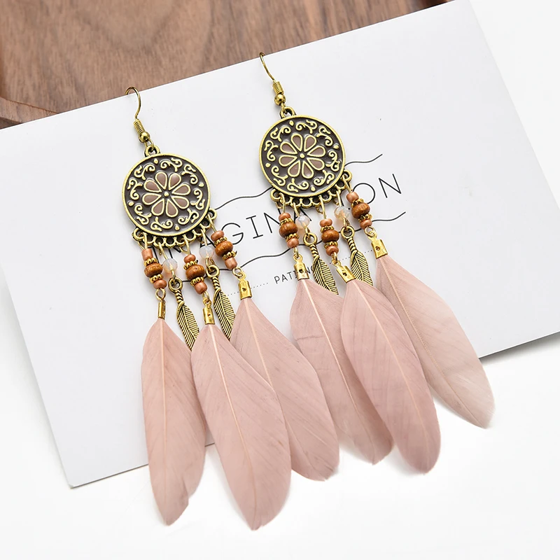 Bohemian Ethnische Lange Feder Ohrringe Boho Wasser Tropfen Gold Farbe Kette Quaste Ohrringe für Frauen Braut Hochzeit Schmuck – Detail 29
