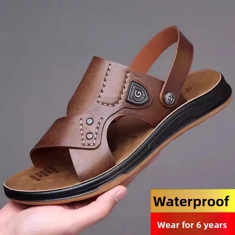 

New European Sle Men's Sandals Two-In-One Beach oes Leather Upaded Breathable Slip-On Casual Thong Flip Flops