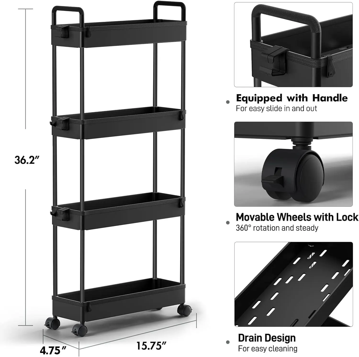 Slim Storage Cart, 4 Tier Bathroom Organizer Mobile Shelving Unit, Rolling Utility Cart Slide Out Organizer For Bathroom Black