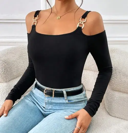 

Women's Metal Hook Long Sleeve Knitted Vest Slim Fit Solid Color Autumn Winter Temperament Top