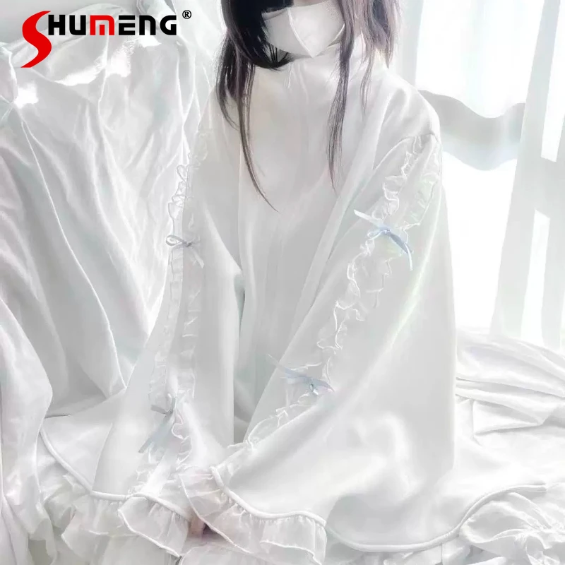 

Japanese Rojita Original Pure White Overcoat Sweatshirt Over-the-knee Leg Warmers And Lace Ribbon Detailing Top Hoodies Ladies