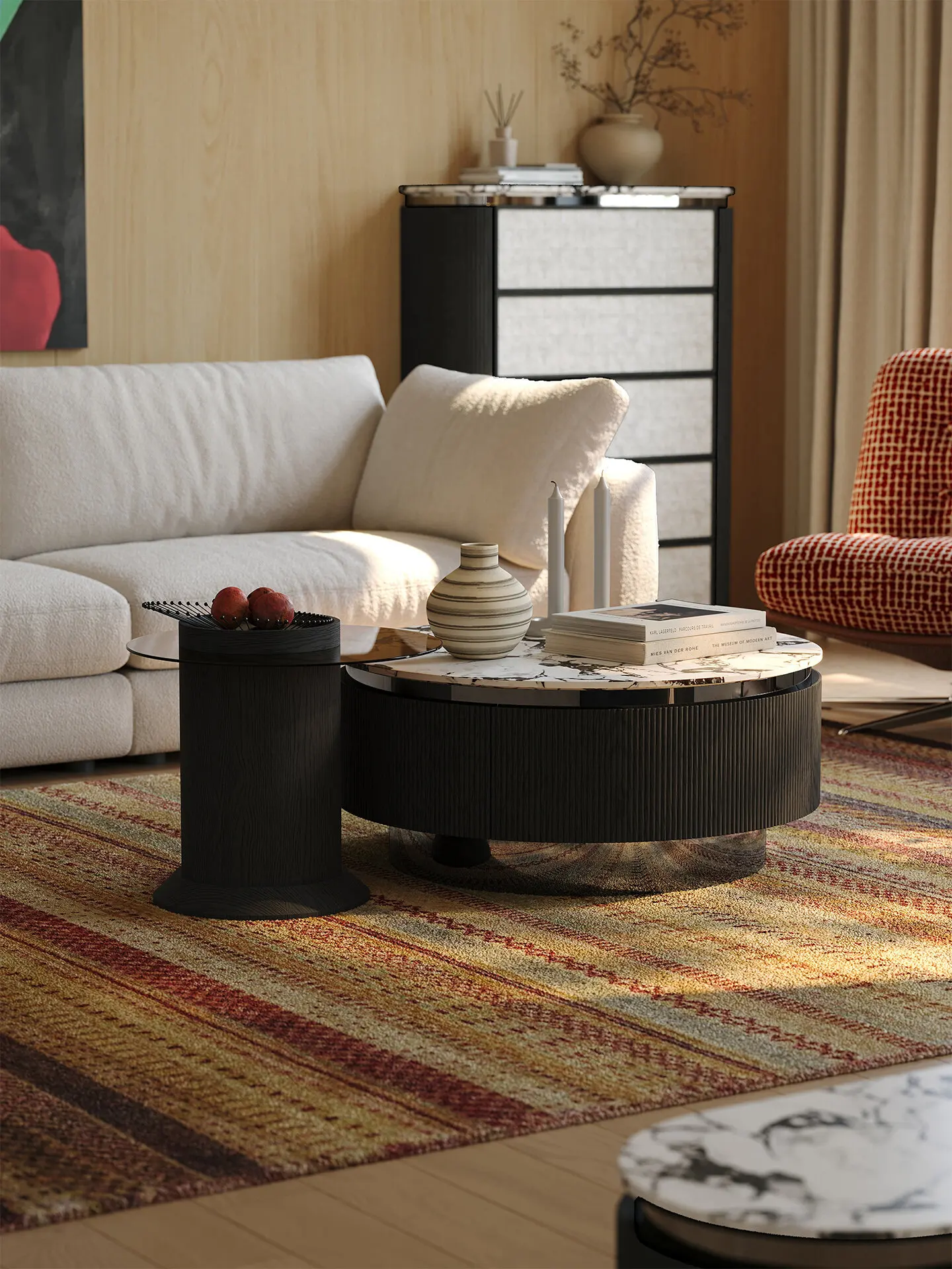 PYH medieval style solid wood art glass small coffee table living room round marble coffee table combination