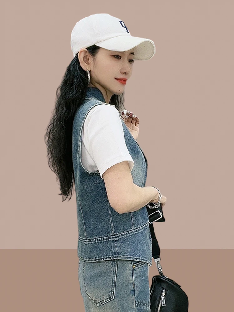 

Slim Fit Denim Vest Women's Spring Autumn Thin Svel Casual ort Coat ular This Year Collar Single Button Cotto...