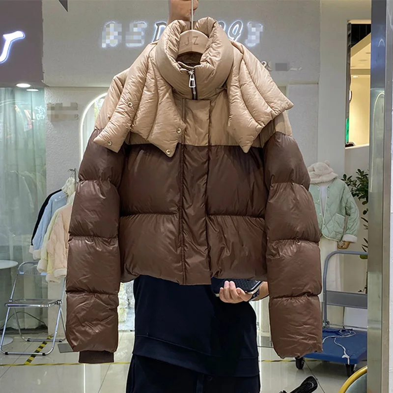 Imagem -04 - Gola à Prova de Vento Fofo Mulher para Baixo Cabolsa Contraste Cor Cortada Puffer Jaquetas 2023 Novo Grosso Quente com Capuz Inverno Parkas