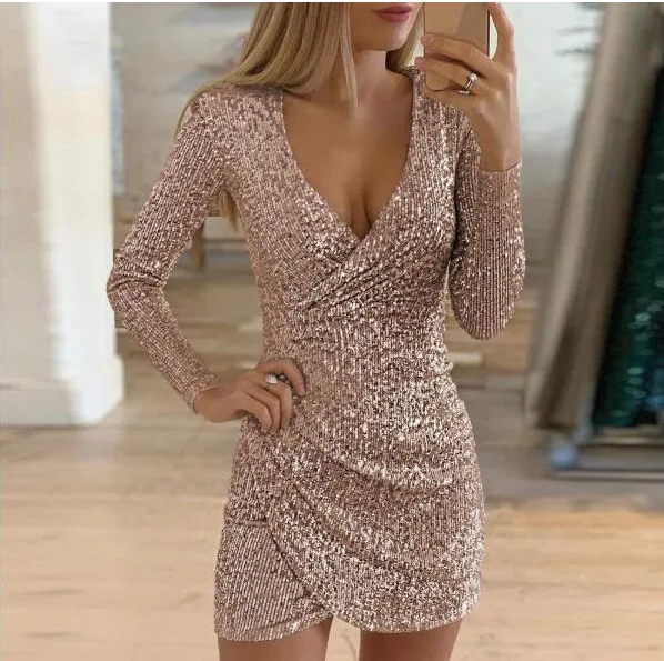 

2023 Sexy Long Sleeve V Neck Elegant Birthday Bodycon Dresss Sequins Party Mini Even Dress Women Slim Autumn Fashion Vestidos