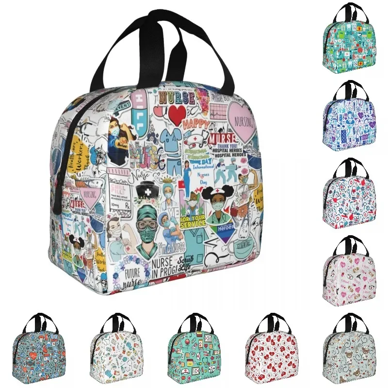 Sac à lunch réutilisable pour infirmière de dessin animé, glacière chaude, boîte fourre-tout isotherme thermique, sacs de nourriture pour pique-nique scolaire, femmes et enfants