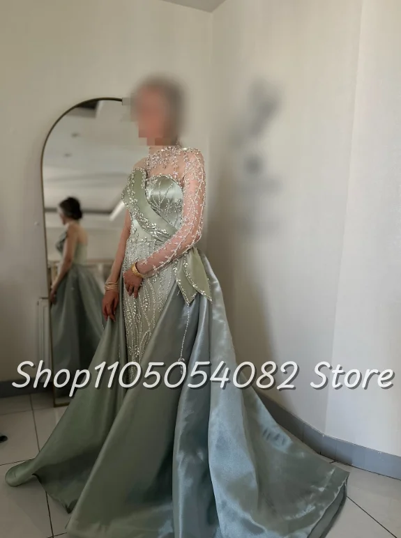 Blue Gorgeous Sparkling High Neck Wedding Dress Arabian Long Sleeve Beaded Studded Ruffled Trailing Floor Length Bridal Wedding