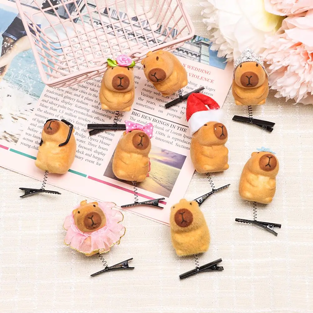 6pcs Cute Cartoon Capybara Spring Hair Clip 3D Plush Funny Children Headwear DIY Kawaii Hairpin Photo Prop