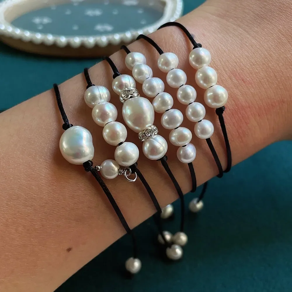 Simple Fashion Natural Freshwater Pearl Bracelets for Women Black Rope Chain Real Baroque Pearl Charm Friendship Bracelet Boho