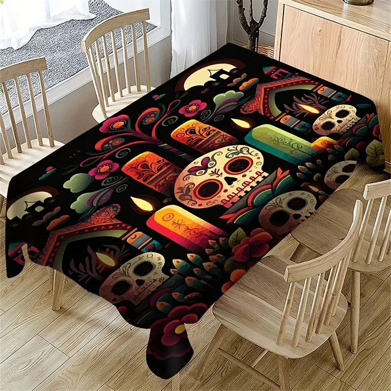 VIKAMA Day of the Dead Tablecloth Black Sugar Skull Candle Marigold Rectangular Washable Halloween Dining Table Cover Decor