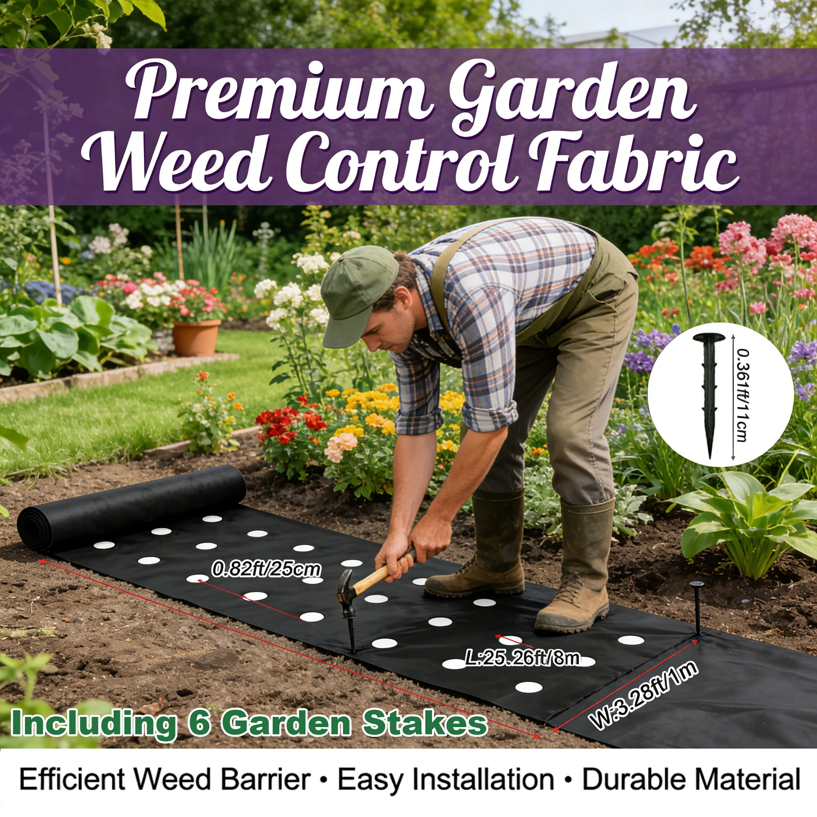 5m Double-Layer Perforated Heavy-Duty Weed Barrier Fabric for Garden Vegetable Orchard, Breathable Water-Permeable Black