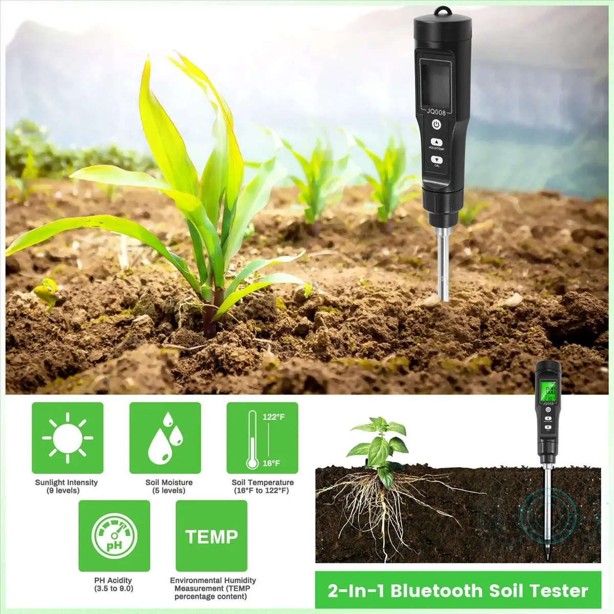 Top LCD Digital Soil Tester 0.00-10.00mS/cm Soil EC Meter Handheld EC/TEMP 2-in-1 Soil Detector ATC Temp Detection