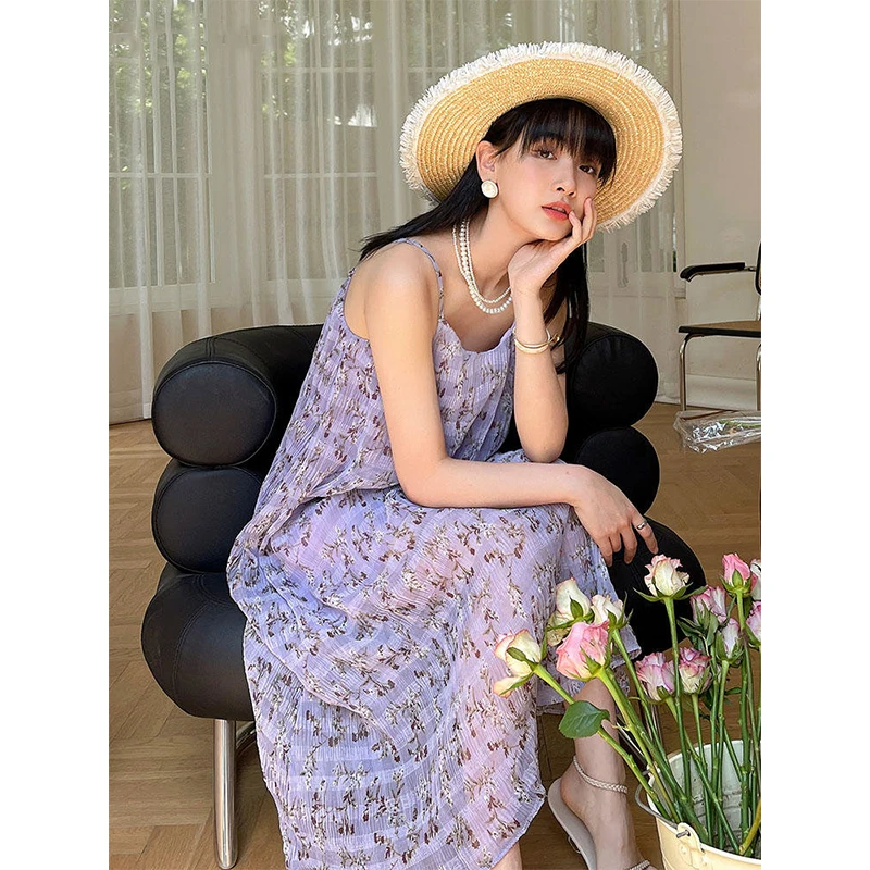 

MEXZT Sweet Floral Dress Women Vintage Print Spaghetti Strap Loose A Line Midi Dress Summer Holiday Casual Sleeveless Sundress